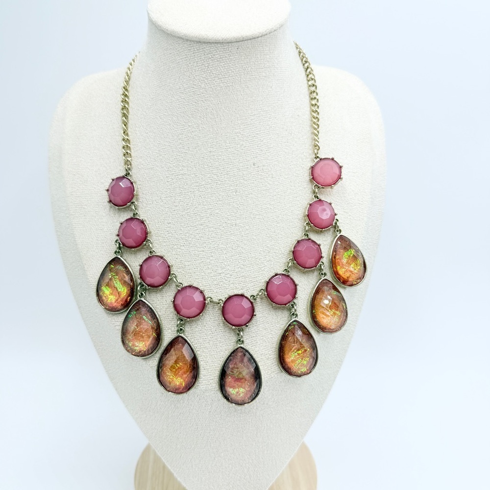Bold Pink & Iridescent Teardrop Statement Necklace in Gold Tone